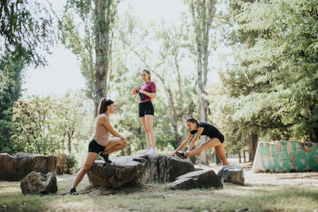 Fit Girls Enjoying Outdoor Sports Activities in a City Parkの写真素材