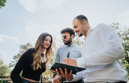 Students achieve goals through teamwork, discussing topics and solving problems while working on a university project in a sunny park.の写真素材