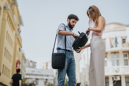 Corporate colleagues discuss new business ideas in an outdoor meeting, collaborating for urban growth and revenue expansion.の写真素材