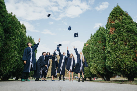 Graduates celebrate in the park wearing gowns, throwing the caps, congratulating each other and having fun after graduation.の写真素材