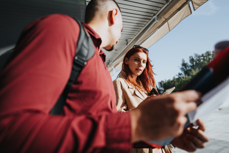 Business professionals collaborate, brainstorm, and discuss business strategies in a modern urban setting.の写真素材