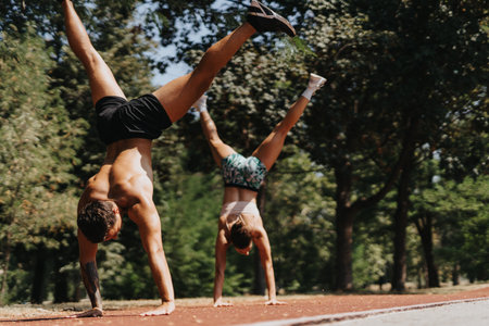 Active Caucasian couple in a park, practicing cartwheels on a sunny day. Their fit bodies and sportswear showcase their motivation and vitality.の写真素材