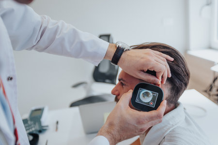 Doctor using video otoscope checking his patient ear.の写真素材