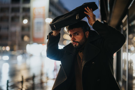 Busy businessman waiting for a taxi in the rainy night city
