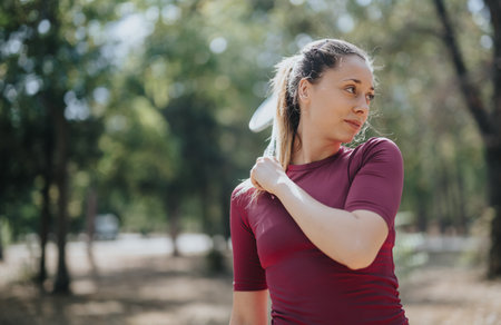 Fit girl resting after training, enjoying a sunny day in a park, posing with racket. Outdoor workout in natural environment.の写真素材