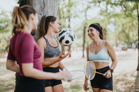 Athletes after training in a city park. Fit and sporty, discussing their workout and enjoying the outdoors.の写真素材