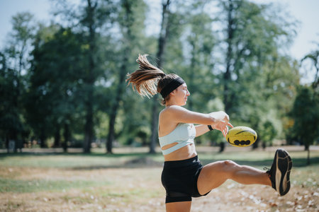 Sporty women having fun playing with American football ball in a sunny park, enjoying their outdoor workout and training in a natural environment.の写真素材