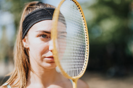 A portrait of professional, female, badminton player posing with a racket. Copy space.の写真素材