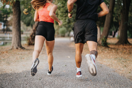 Active Couple Exercising in Park: Evening Workout Motivationの写真素材