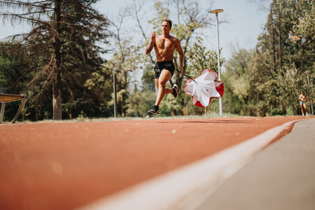 Outdoor Training. Man Sprinting in Natural Park with Parachute for Better Body Shape and Fitness Motivationの写真素材