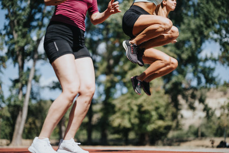 Active and Fit Women Training Outdoors in a Sunny City Parkの写真素材