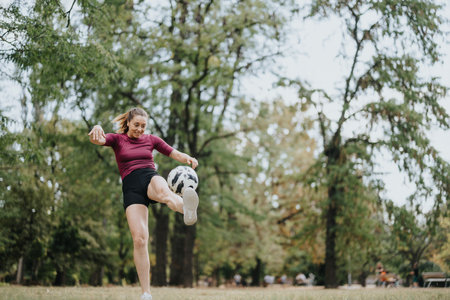 Girl performs football tricks outdoors, enjoying physical activity and having fun with a soccer ball in a sunny park.の写真素材