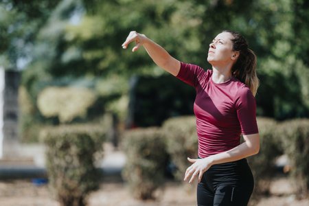 Active women in a city park have fun playing and throwing an American football ball on a sunny day.の写真素材