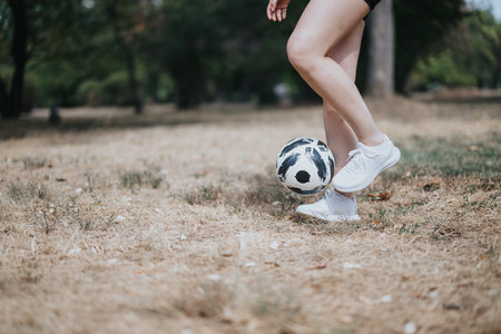 An athletic woman enjoys training outdoors, performing football freestyle tricks with a soccer ball on a sunny day in a park.の写真素材