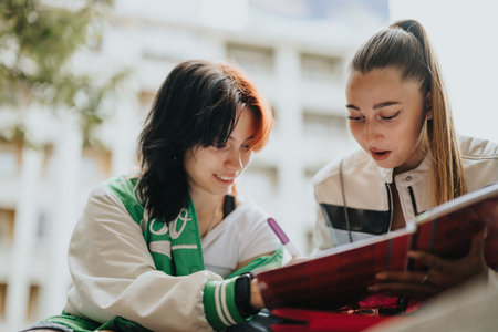 Two Girls Studying Together Outdoors, Enjoying High School Education and Preparing for an Examの写真素材