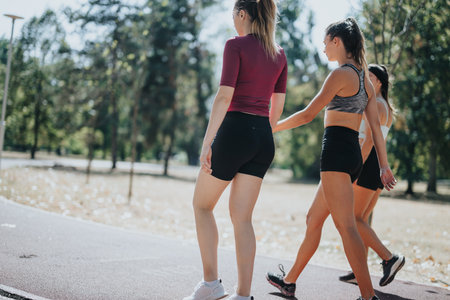 Fit women jogging together in a sunny city park, enjoying outdoor sports activities and staying healthy.の写真素材