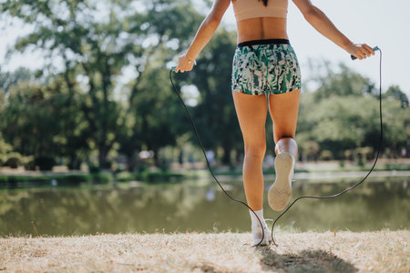 Caucasian woman jumps rope with friends in a park, enjoying outdoor workout, sunny day, and healthy lifestyle.の写真素材
