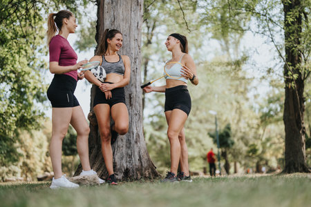 Athletes Enjoying a Sunny Day in the City Park After Trainingの写真素材