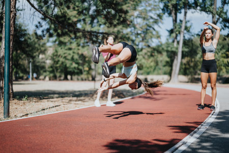 Active girls having fun doing cartwheels in a sunny park, training and stretching outdoors.の写真素材