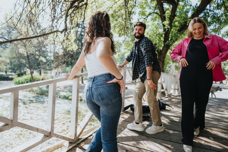 Joyful Friends Enjoying Carefree Conversations in a Beautiful Autumn Park