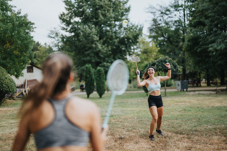 Fit athletes playing badminton in a park. Friends having fun and training outdoors. Sporty hitting shuttle with a racket.の写真素材