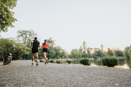 Afternoon Joggers: Fit Friends Train Together in Natural Park Environmentの写真素材
