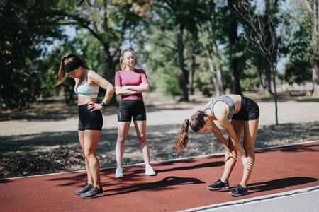 Active females enjoying outdoor sports, running and training together in a city park on a sunny day.の写真素材