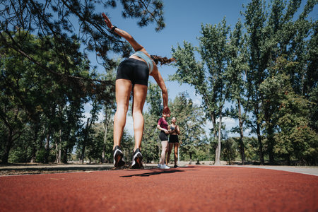 Two sporty girls doing cartwheels in a sunny park, training outdoors and enjoying an active lifestyle together.の写真素材