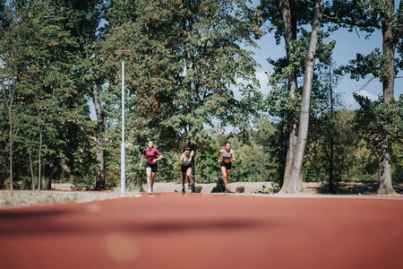 Fit girls training outdoors, enjoying a sunny day in the park.の写真素材
