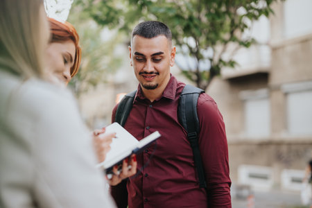 Business group brainstorming business ideas and analyzing statistics for success in a city setting.の写真素材