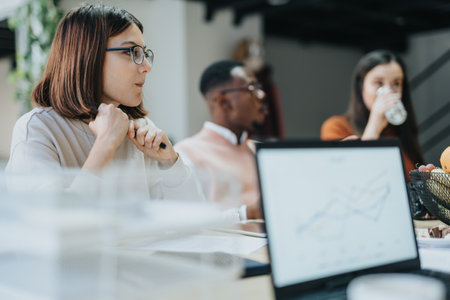 Global Expansion and Market Analysis. Business Group Discussing Strategic Planning and Market Research Indoors.の写真素材