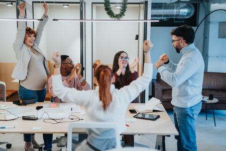 Business professionals celebrating the successful completion of a project, displaying teamwork and...