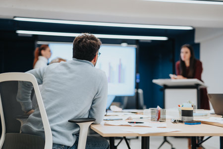 Creative business people collaborating on brainstorming and discussing market analysis in a corporate officeの写真素材
