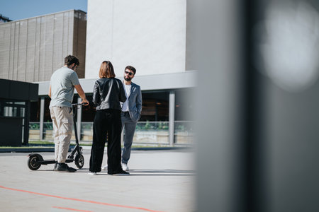 Business professionals strategically analyze data and costs in urban city for successful business...