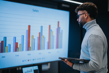 Handsome, male employee reviewing and working on improving sales statistics and profitability for...