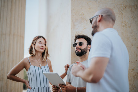 A confident adult business team working outdoors in the city, discussing projects, collaborating, and utilizing a tablet for statistics.の写真素材