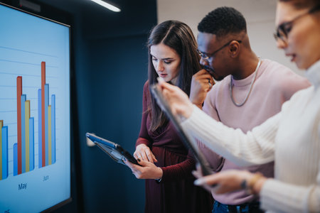 Business colleagues brainstorm and strategize together, analyzing sales statistics on a TV screen in...