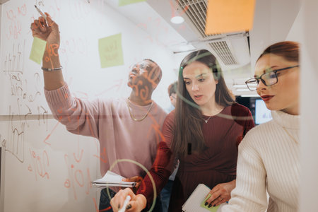 Diverse business team collaborating on project development and problem solving. Sticky notes with ideas on a glass door.の写真素材