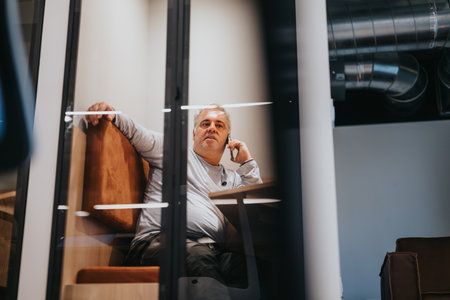 Business person collaborating with partner via phone call. Discussing about business strategies and planning project.の写真素材