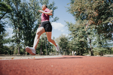 Fit woman in the park, running and having fun on a sunny day. She enjoys an active and healthy...