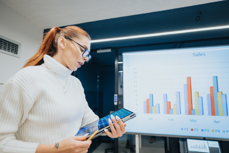 A red-haired businesswoman captivates her colleagues, unveiling graphs that depict impressive sales growth.の写真素材