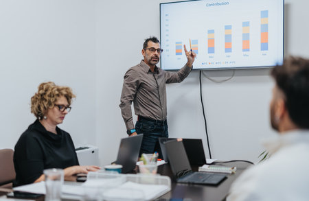 Colleagues collaborating and discussing ideas for business growth in the officeの写真素材