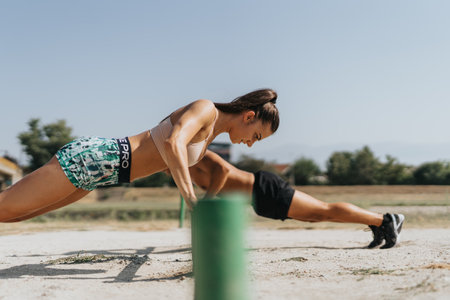 Couple fitness enthusiasts do pull-ups on metal bars in a park. They stay motivated and persistent,...
