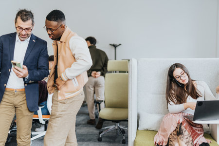 Multigenerational team in cozy office discussing business growth and analyzing statistics.の写真素材