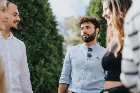 University Students Collaborating on a Faculty Project in a Sunny Parkの写真素材