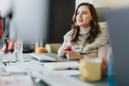 Business partners analyzing statistics and discussing strategy. Cozy workplace. Experienced coworkers solving tasks and planning project details.の写真素材