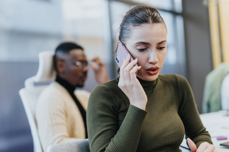 Woman having phone call while working on marketing strategy at modern office setting.の写真素材