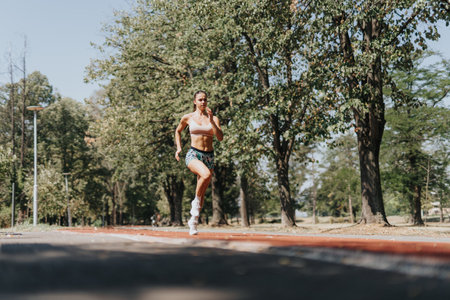 Fit Caucasian girl enjoying a sunny day in the park with sports friends, practicing outdoors for competition while running, jogging, and sprinting.の写真素材