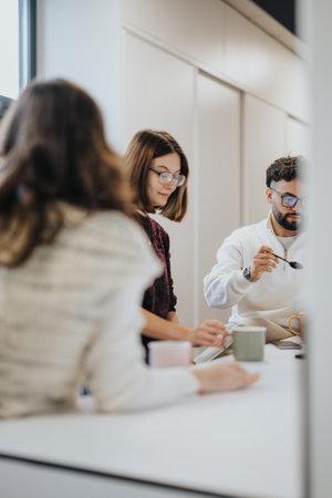 Company employees discussing topics over morning coffee and tea, taking a break from work to relax and have a conversation.の写真素材