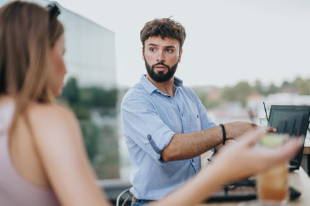 Business Partners Discuss Market Expansion and Growth Strategy over Coffee in Urban Cafeの写真素材